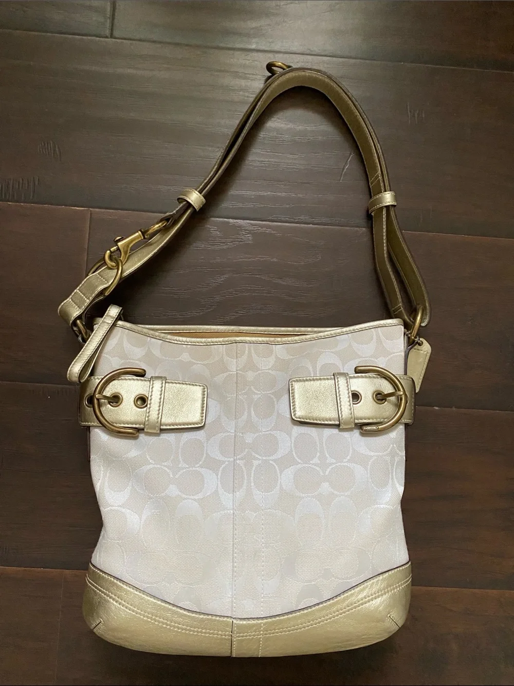 Coach Soho Signature Shoulder Bag with Cream monogram & Gold Metallic Trim